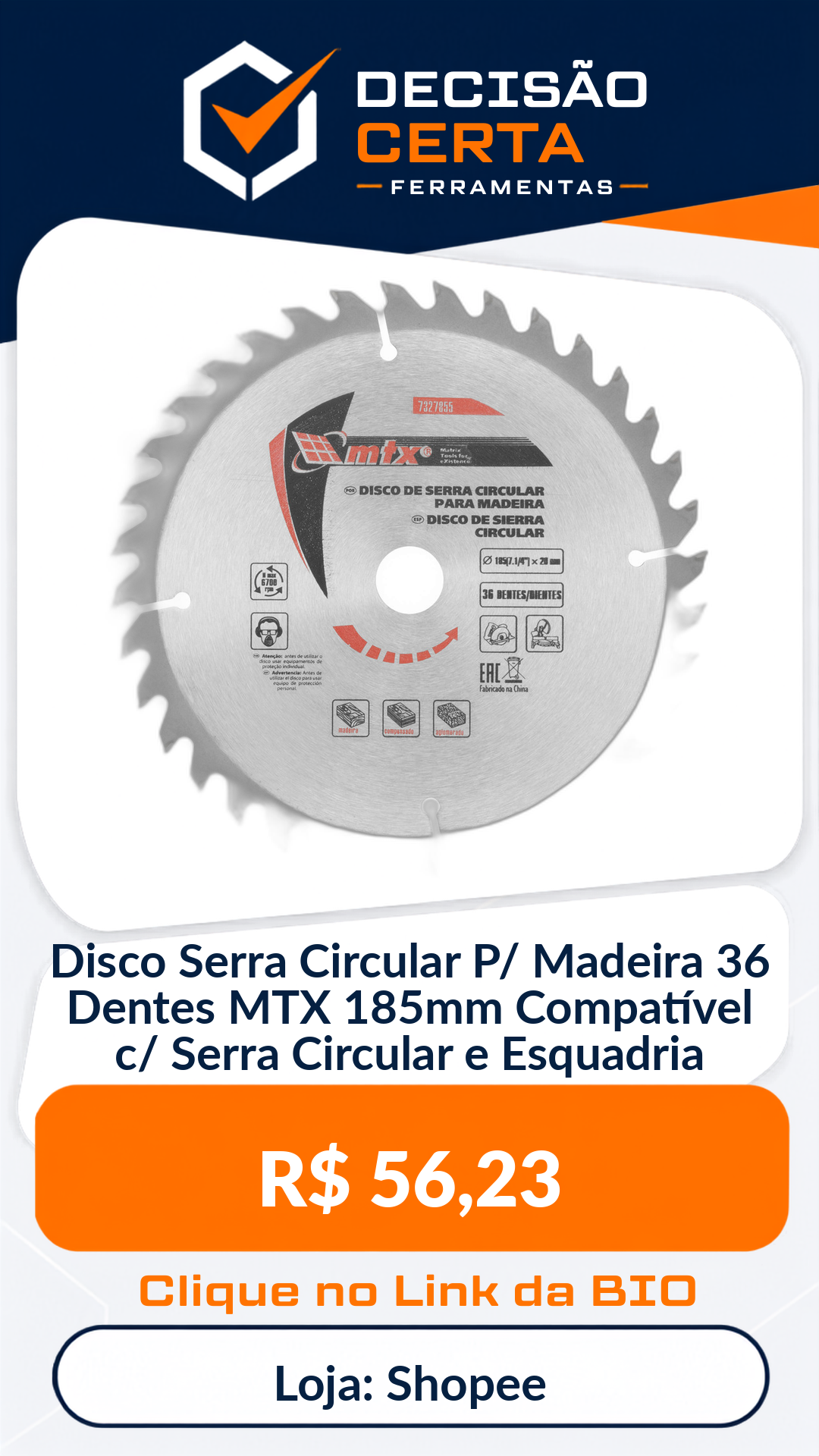 Disco Serra Circular P/ Madeira 36 Dentes MTX 185mm Compatível c/ Serra Circu...