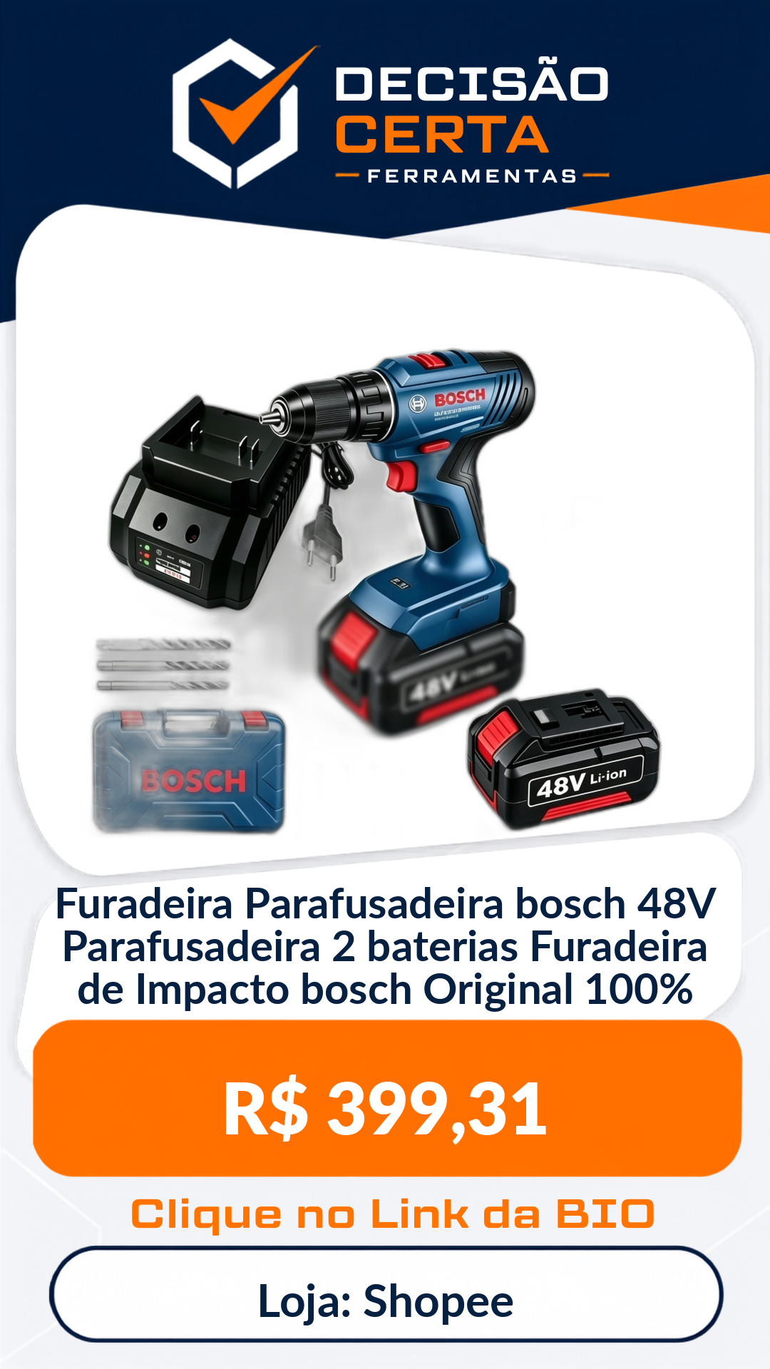 Furadeira Parafusadeira bosch 48V Parafusadeira 2 baterias Furadeira de Impac...