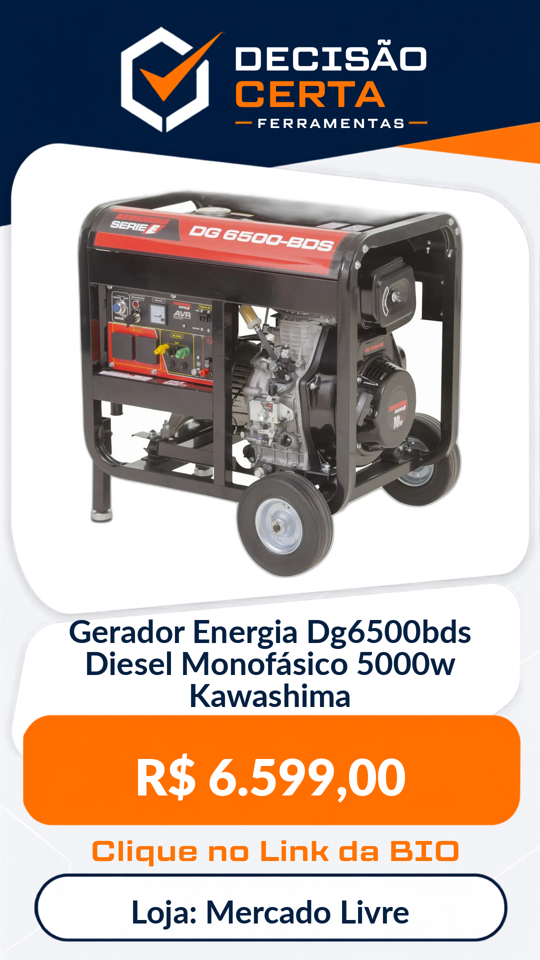 Gerador Energia Dg6500bds Diesel Monofásico 5000w Kawashima