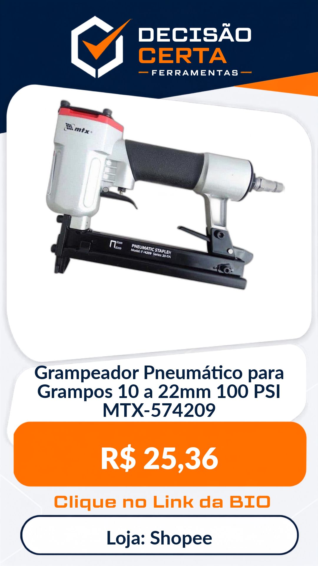 Grampeador Pneumático para Grampos 10 a 22mm 100 PSI MTX-574209
