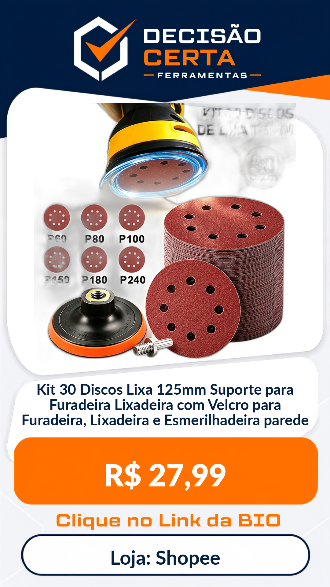 Kit 30 Discos Lixa 125mm Suporte para Furadeira Lixadeira com Velcro para Fur...