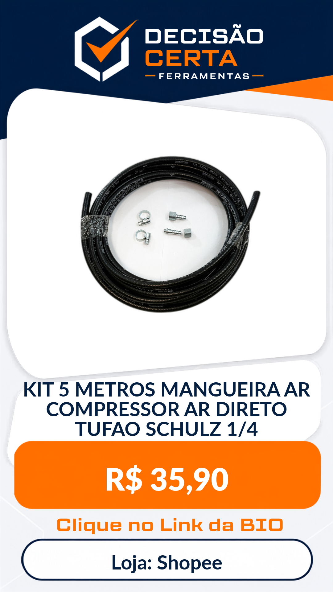 KIT 5 METROS MANGUEIRA AR COMPRESSOR AR DIRETO TUFAO SCHULZ 1/4