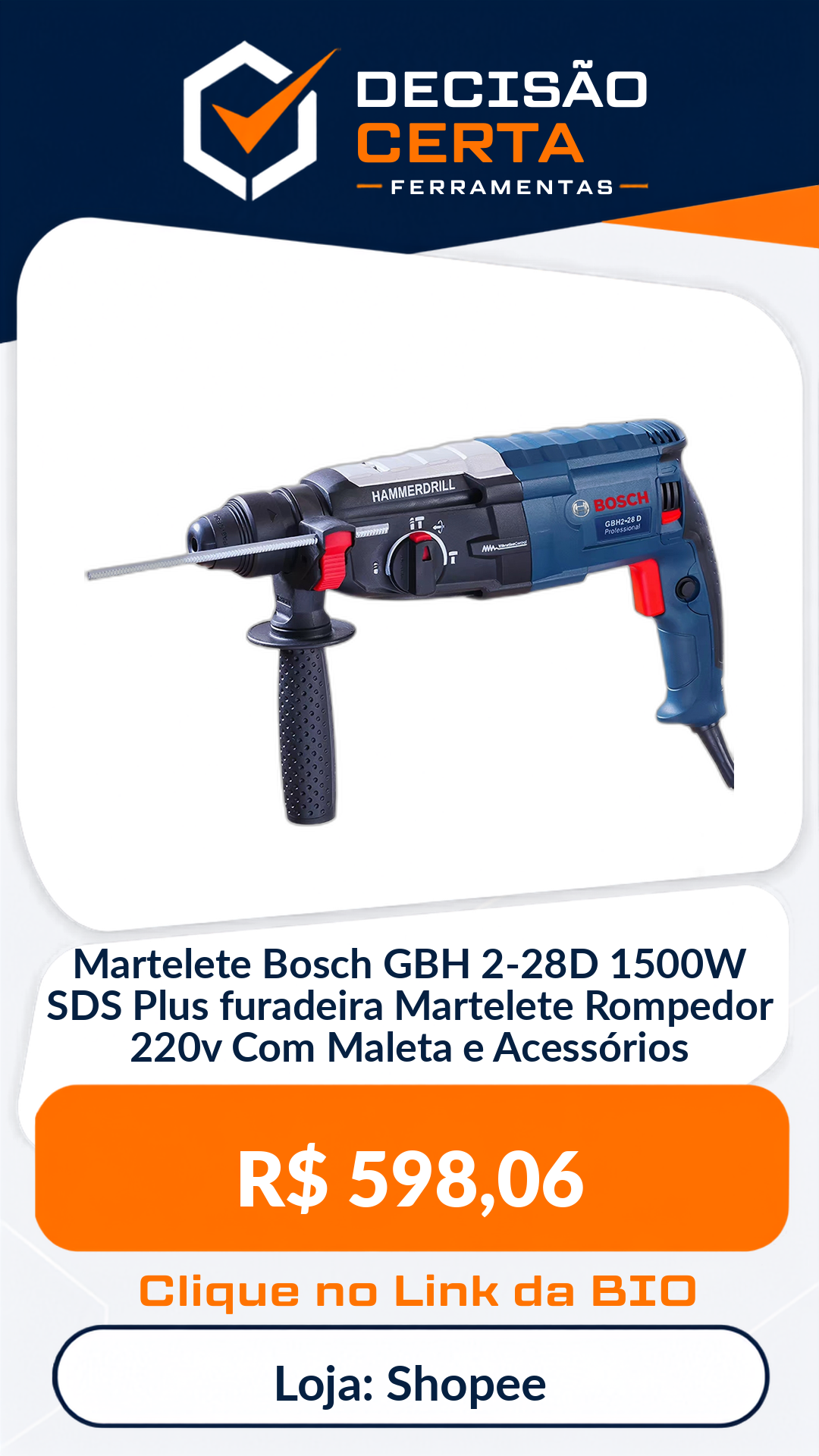 Martelete Bosch GBH 2-28D 1500W SDS Plus furadeira Martelete Rompedor 220v Co...