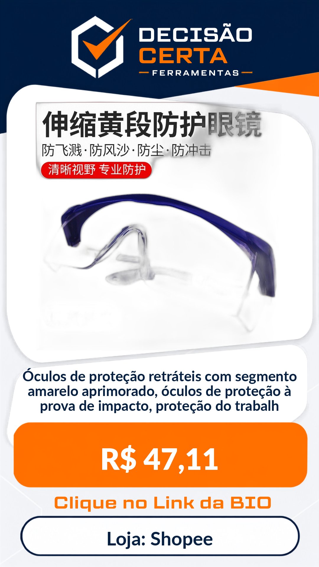 Óculos de proteção retráteis com segmento amarelo aprimorado, óculos de prote...