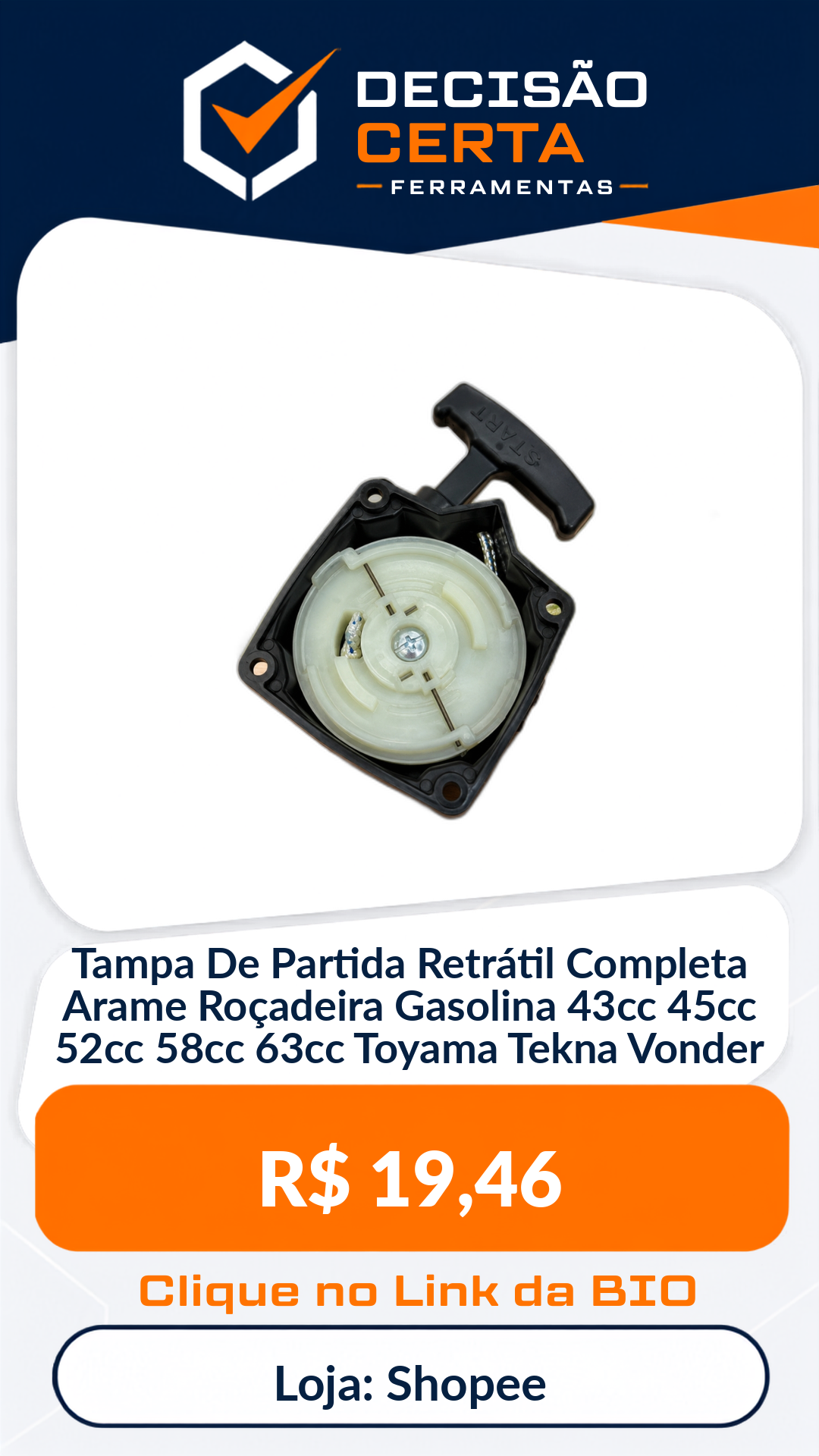Tampa De Partida Retrátil Completa Arame Roçadeira Gasolina 43cc 45cc 52cc 58...